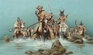 Appraisal: FRANK MCCARTHY - Warriors of the Beartooth oil on canvas