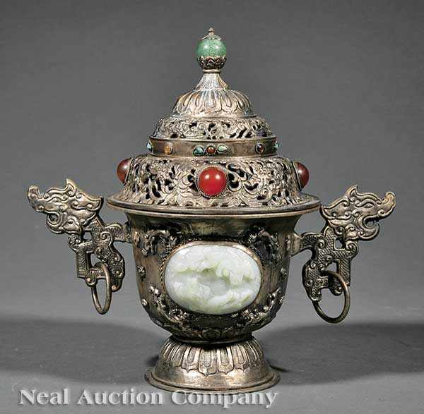 Appraisal: A Chinese Jade and Jewel Inset Covered Metal Urn the