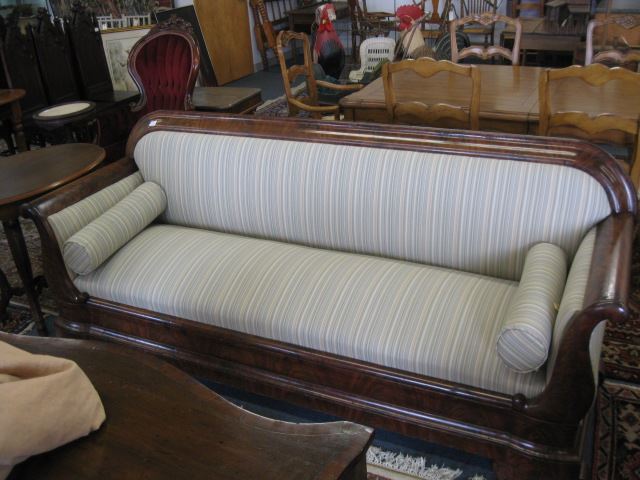 Appraisal: th Century Sofa gorgeous flame mahogany excellent recent fabric long