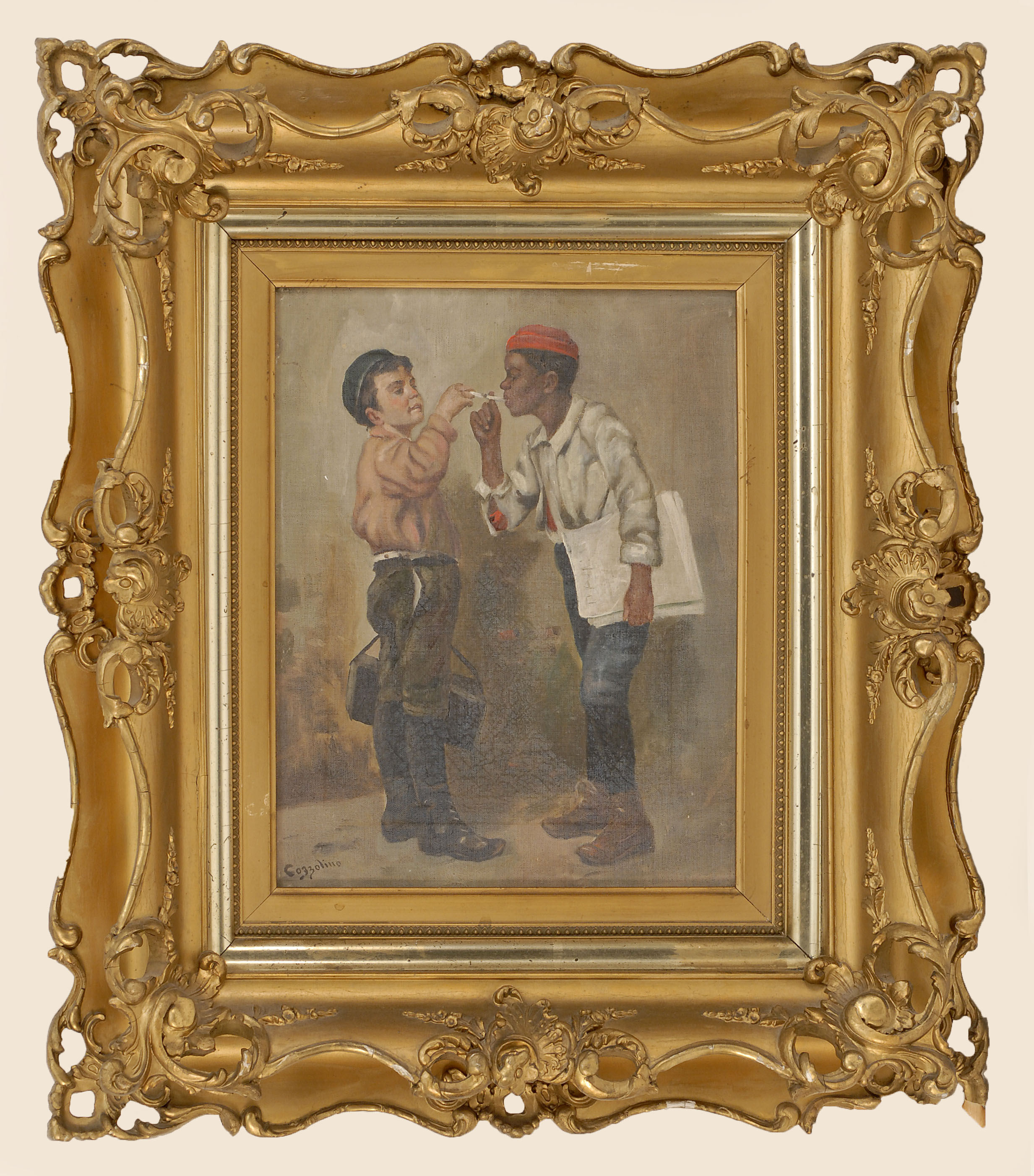 Appraisal: FRAMED PAINTING OF A NEWSPAPER HAWKER AND A SHOESHINE BOY