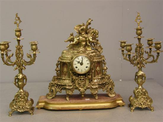 Appraisal: th century style brass clock garniture h in