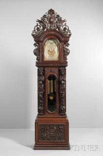 Appraisal: J J Elliott Monumental Carved Mahogany Quarter-chiming Hall Clock c