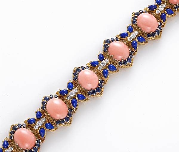 Appraisal: A coral lapis lazuli sapphire and diamond bracelet weighing approximately