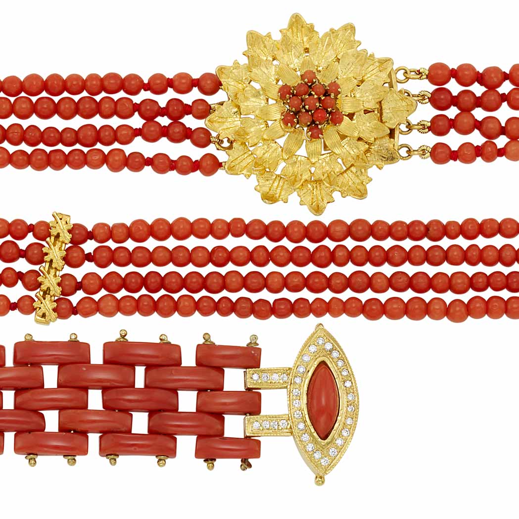 Appraisal: Four Strand Coral Bead and Gold Necklace and Gold Coral