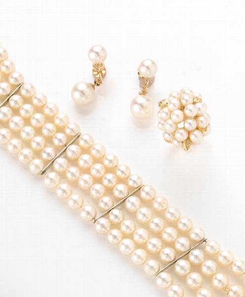 Appraisal: A collection of cultured pearl and k gold jewelry comprising