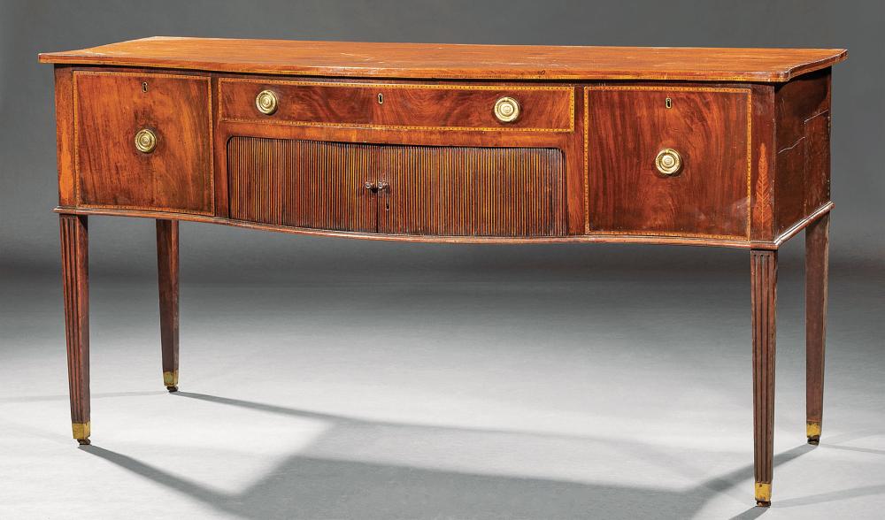 Appraisal: Antique George III-Style Inlaid Mahogany Sideboard serpentine top long drawer