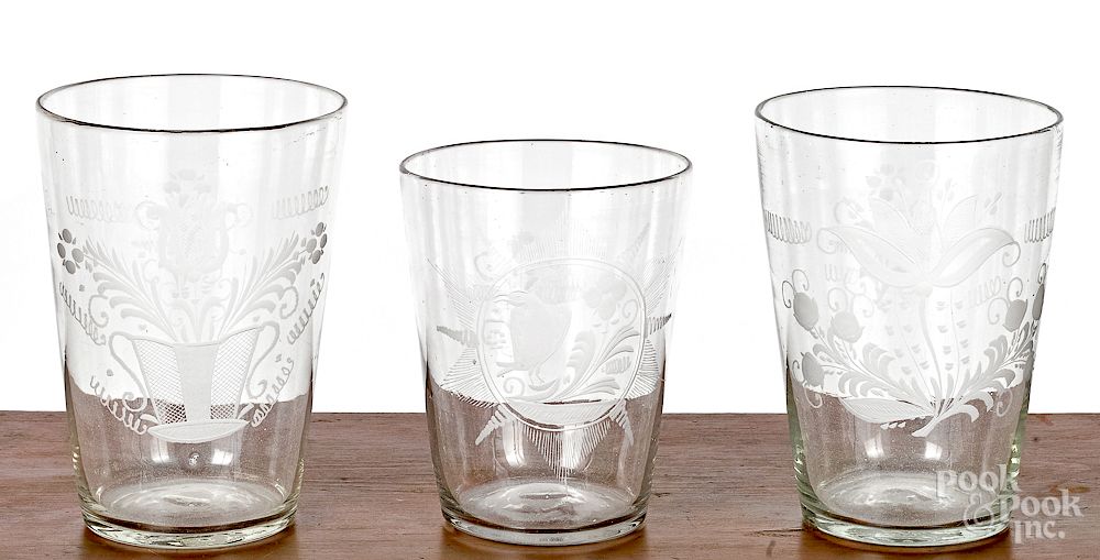 Appraisal: Three large etched colorless glass flips Exclusive on Bidsquare Three