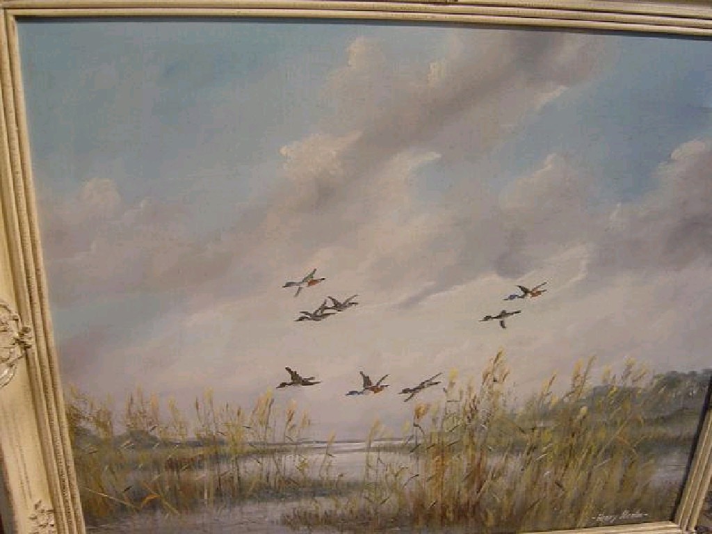 Appraisal: An oil painting on canvas of wild fowl in flight