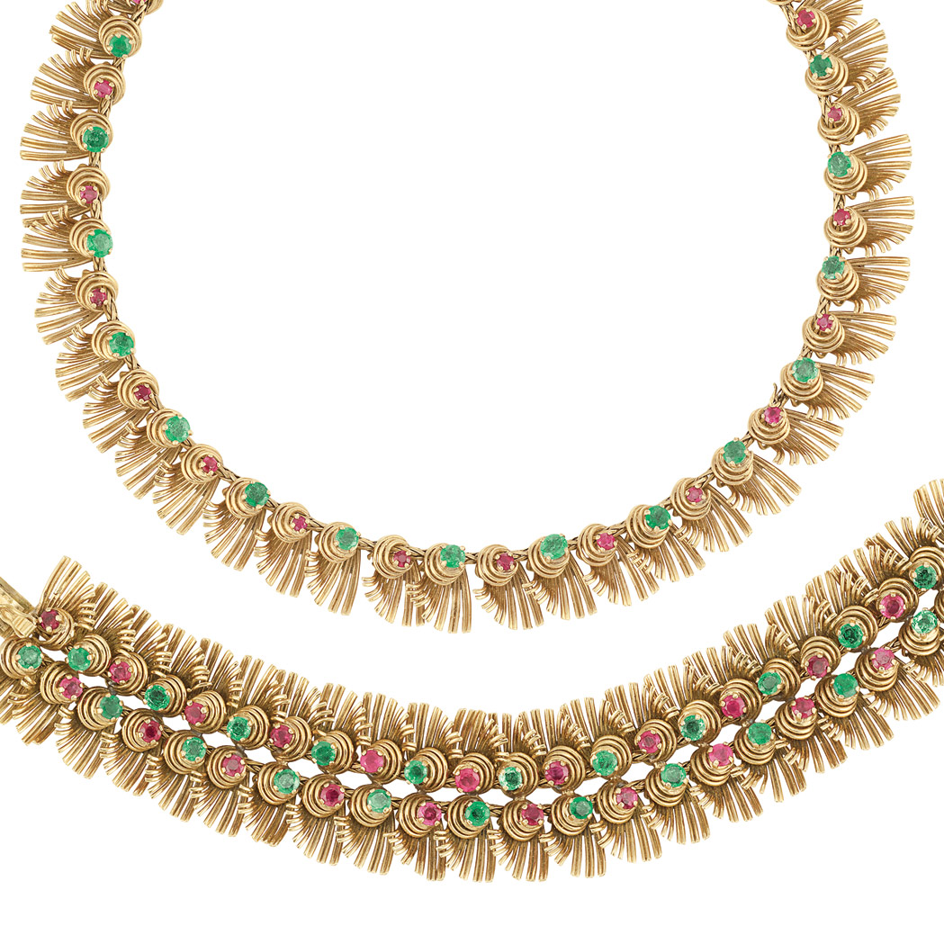 Appraisal: Gold Ruby and Emerald Necklace and Bracelet kt the necklace