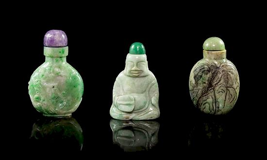 Appraisal: Three Jadeite Snuff Bottles Height of tallest inches Three Jadeite