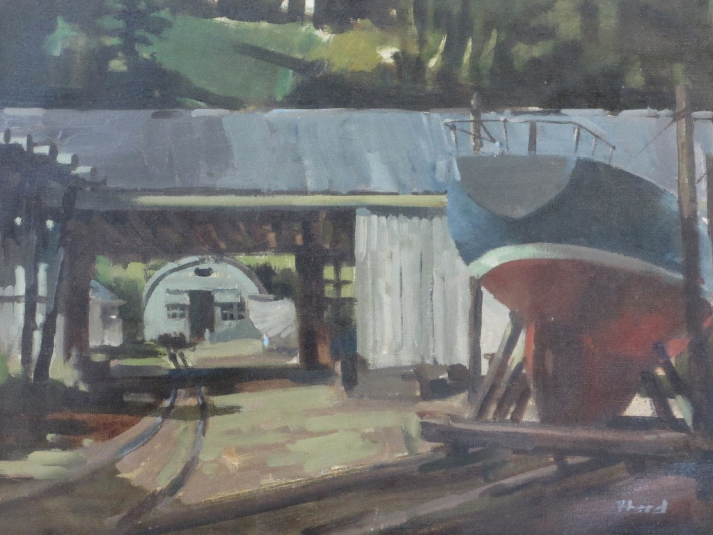 Appraisal: ERNEST HOOD - BOATYARD Oil on canvas signed x cm