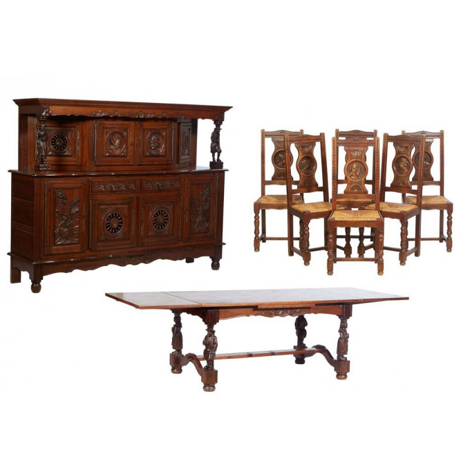 Appraisal: French Provincial Eight Piece Figural Carved Oak Dining Room Suite