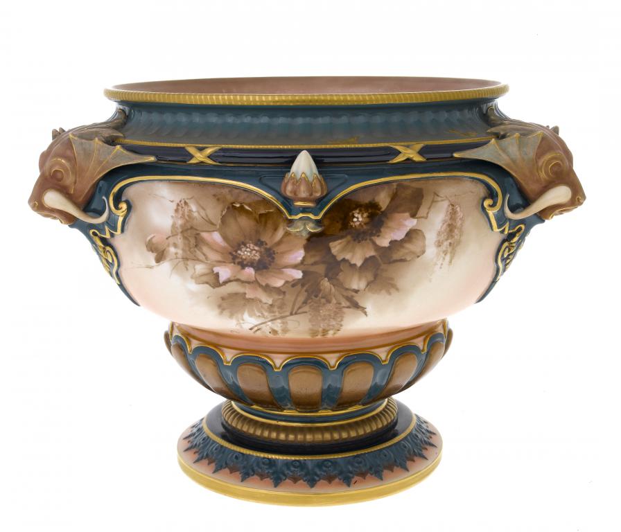 Appraisal: A HADLEY'S WORCESTER JARDINIERE applied with three warthogs' heads and