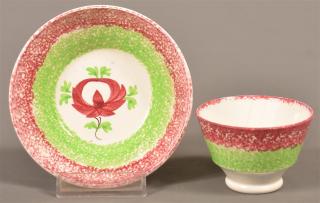 Appraisal: Red and Green Spatter Child's Cup and Saucer Red and