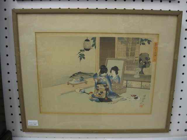 Appraisal: Japanese Woodblock Print lady looking in mirror cat at rest