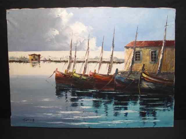 Appraisal: Oil on canvas painting of boats docked in a harbor