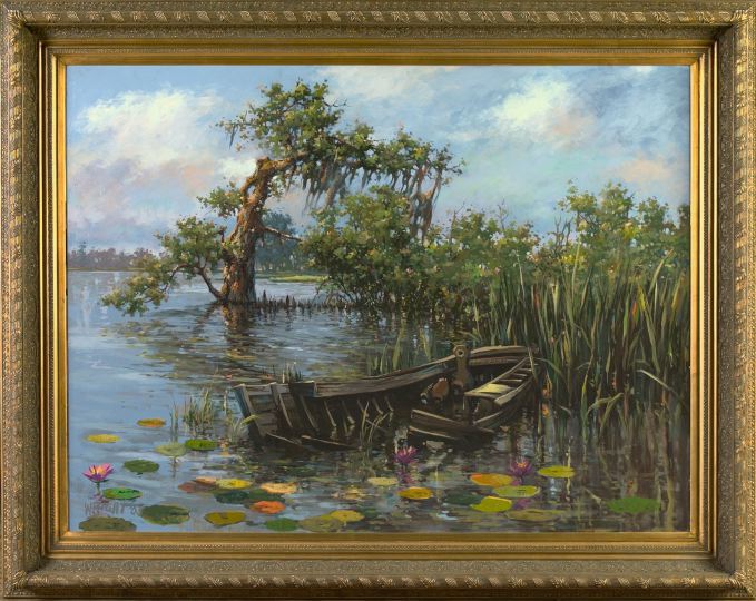 Appraisal: Don Wright American Louisiana - Bayou Landscape with Fishing Boat