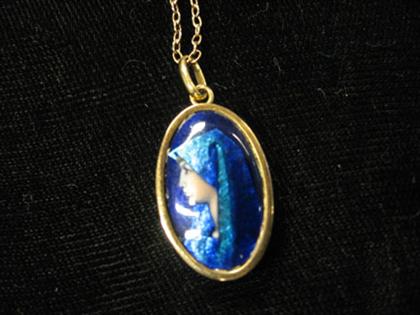 Appraisal: Lady's enamel and yellow gold pendant Limoges Elegant lady's profile