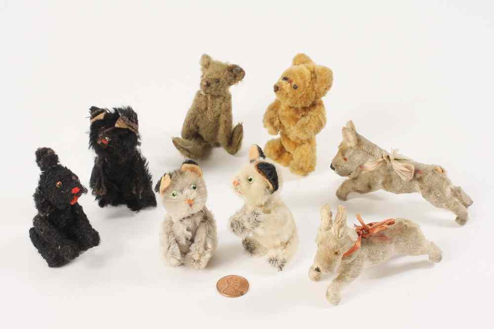 Appraisal: MINIATURE PLUSH TOYS - Eight Early Miniature Mohair Animal Figures