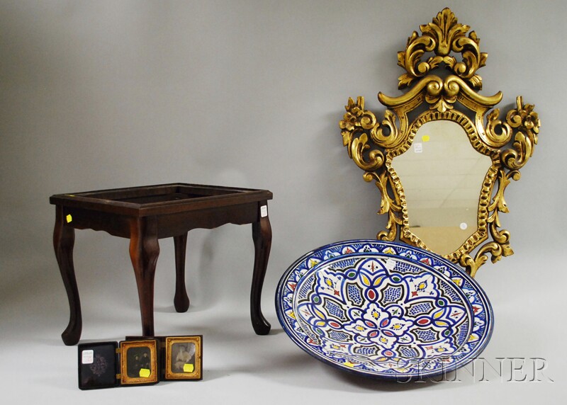 Appraisal: Mahogany Stool Rococo-style Carved Giltwood Mirror Mexican Pottery Plaque and