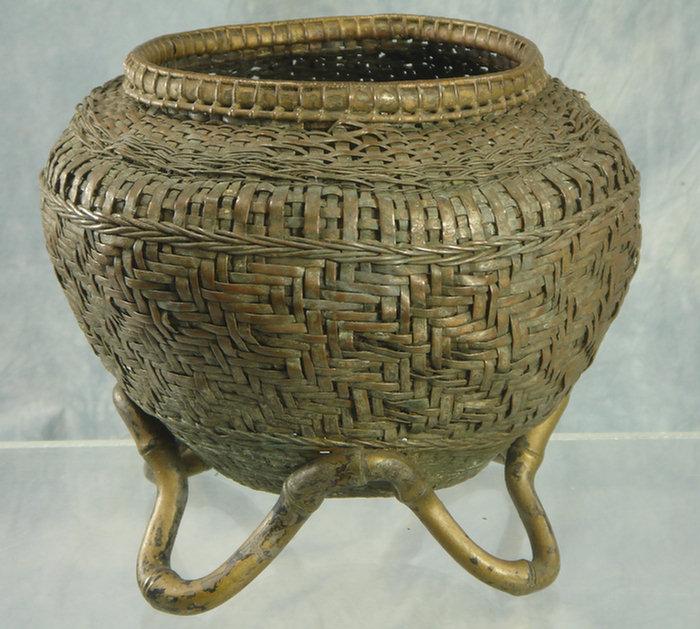 Appraisal: Basketweave design brass planter with bamboo pattern design applied base