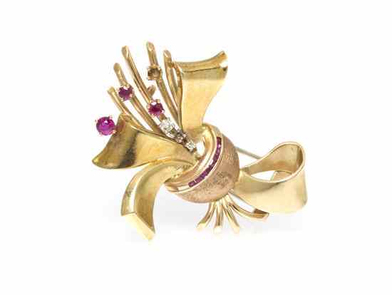 Appraisal: A Retro Karat Gold Ruby and Diamond Brooch in yellow