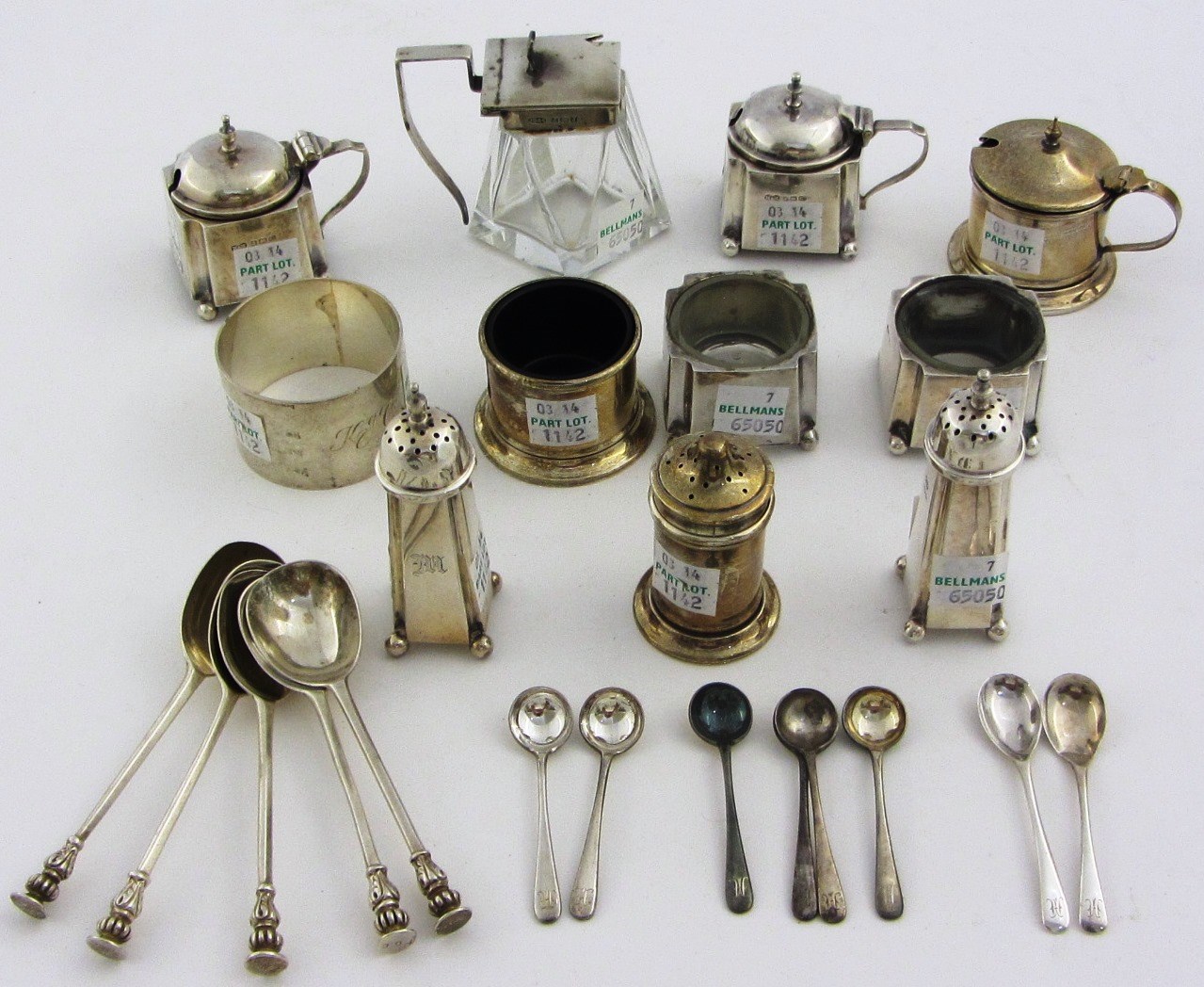 Appraisal: A silver six piece condiment set comprising two mustard pots