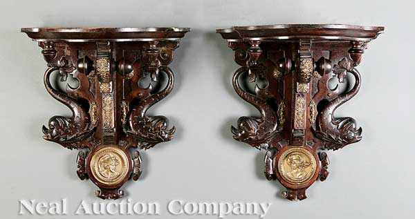 Appraisal: A Pair of Aesthetic Bronze-Mounted Brackets late th c shaped