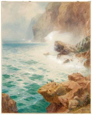 Appraisal: Watercolor attributed to Thomas Moran rocky coastal scene with birds