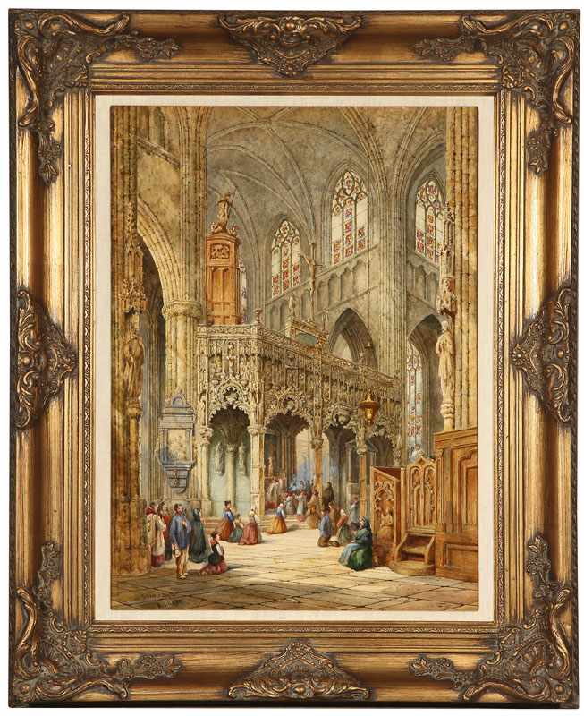 Appraisal: Brussels Cathedral Interior Scene and Figures sight size '' H