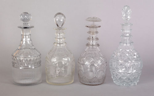 Appraisal: Three Anglo-Irish colorless glass decanters ca together with a French