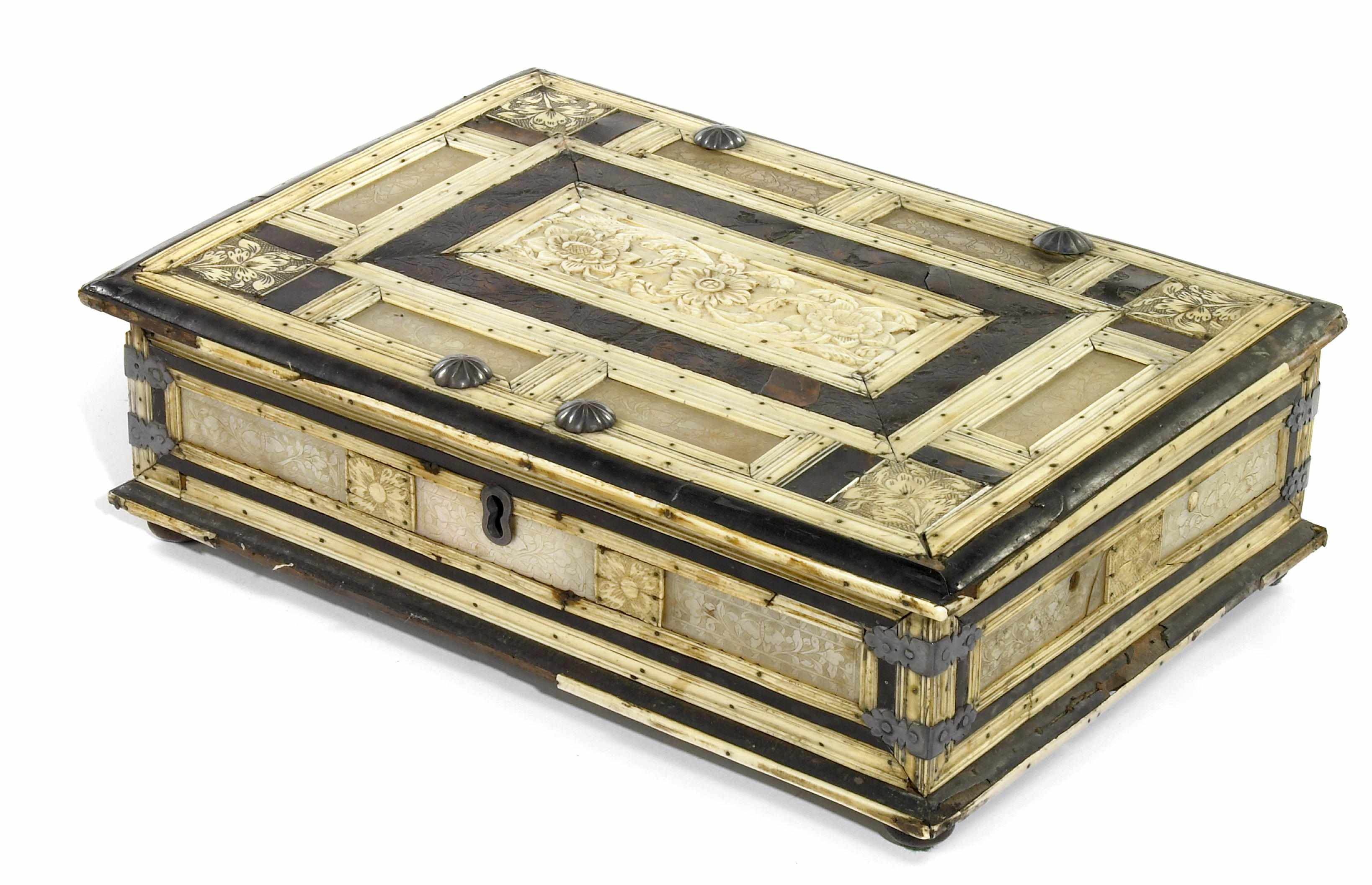 Appraisal: A tortoiseshell bone and abalone shell mounted casket possibly Spanish