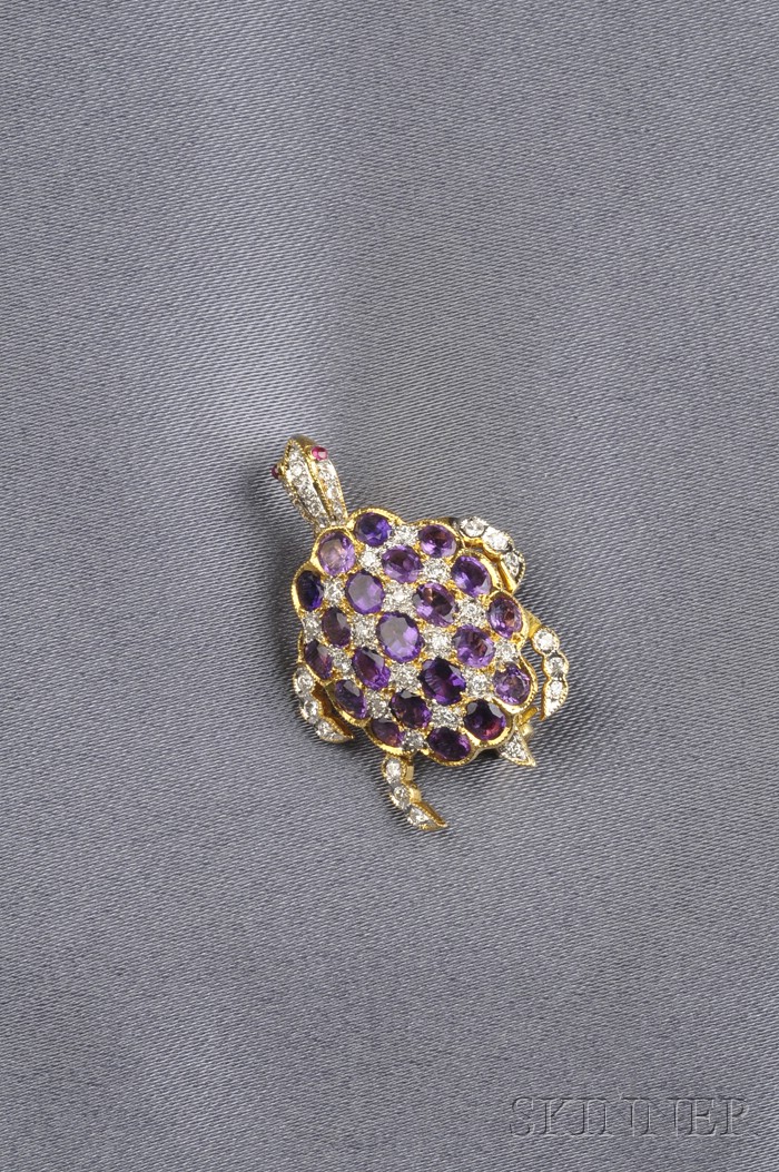 Appraisal: kt Gold Amethyst and Diamond Turtle Pendant Brooch Le Vian