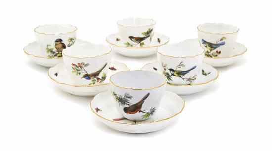 Appraisal: A Meissen Porcelain Ornithological Cased Demitasse Set depicting various species