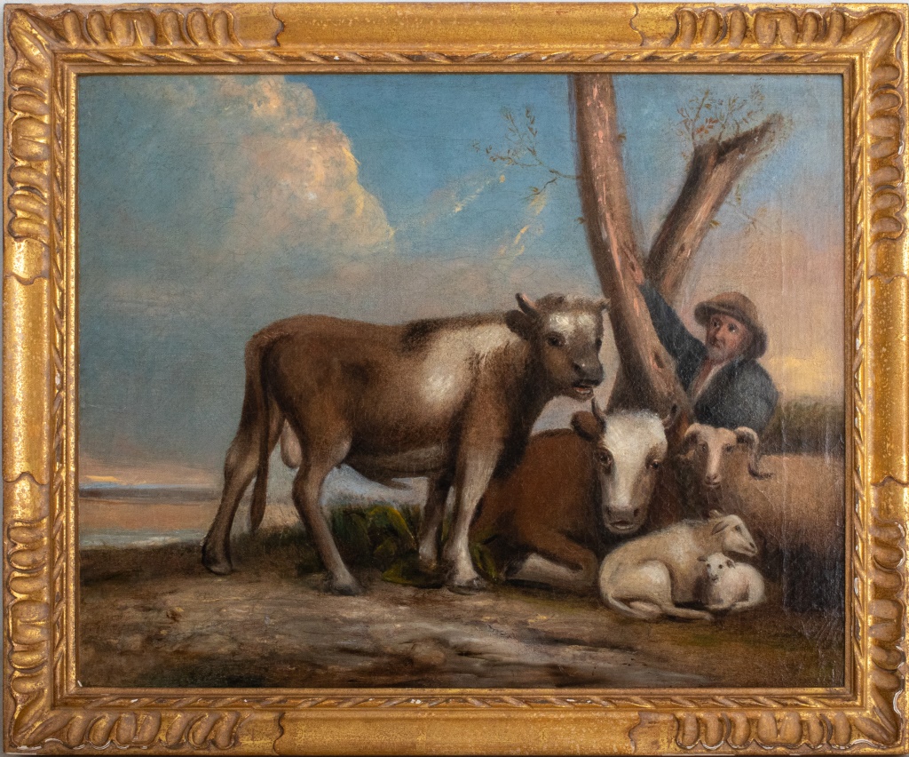 Appraisal: EUROPEAN SCHOOL FARMER HIS FLOCK OIL ON CANVAS European school