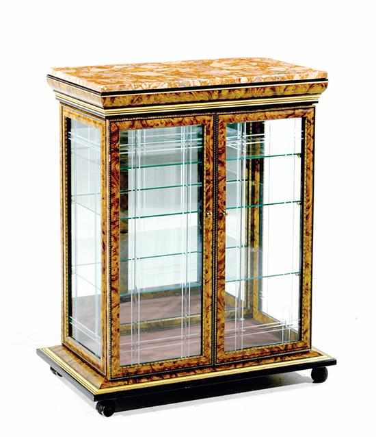 Appraisal: Burl walnut and marble display case rectangular Breche d'Alep marble