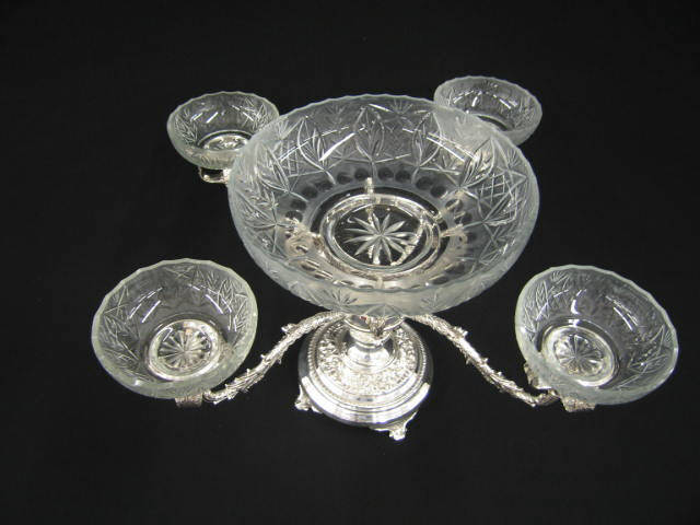 Appraisal: Silverplate Cut Crystal Epergne five bowl frosted trim centerpiece bowl