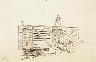 Appraisal: CHARLES M RUSSELL - Punch Poling Cattle from a Railroad