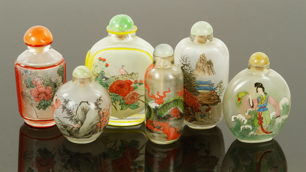 Appraisal: - Six Chinese Glass Snuff Bottles Lot of six late