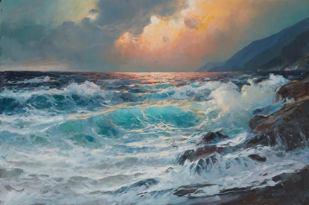 Appraisal: Alexander Dzigurski - California Ocean waves along a rocky coast