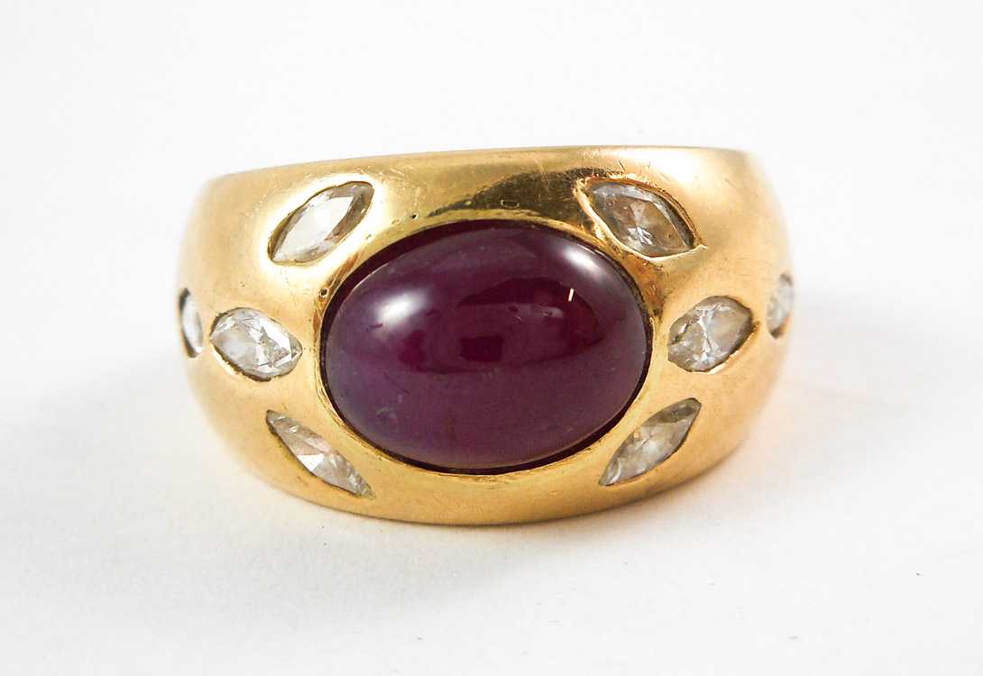 Appraisal: RUBY DIAMOND AND FOURTEEN KARAT GOLD RING with four marquise-cut