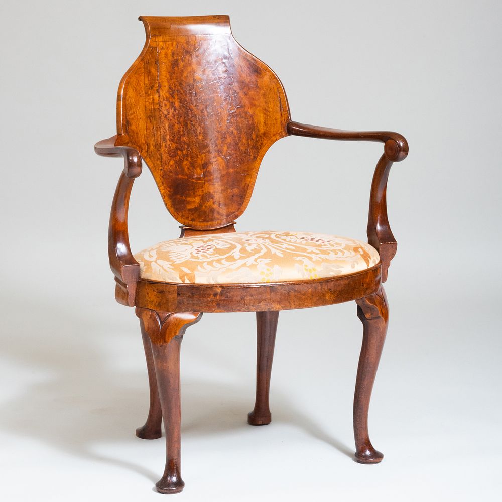 Appraisal: George I Burl and Figured Walnut and Oak Armchair x