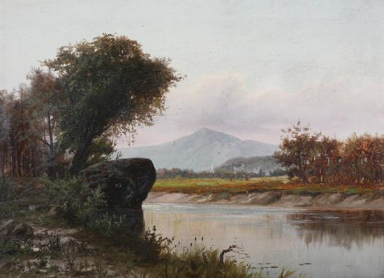 Appraisal: AMERICAN SCHOOL th century RIVER LANDSCAPE WITH DISTANT CHURCH oil