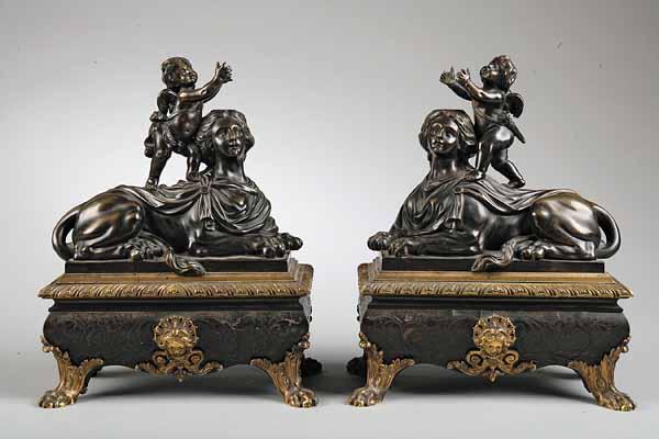 Appraisal: A Rare Pair of French Portrait-Headed Bronze Sphinxes mid- th