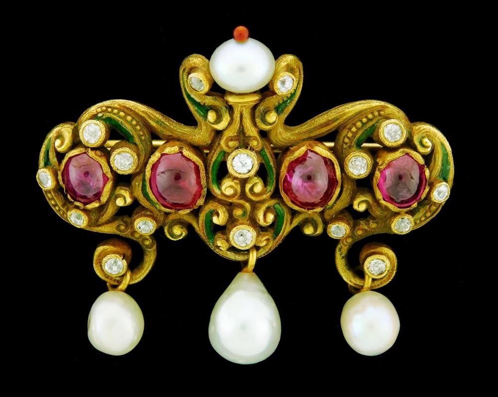 Appraisal: JEWELRY K Belle Epoque ruby pearl and diamond pin tested