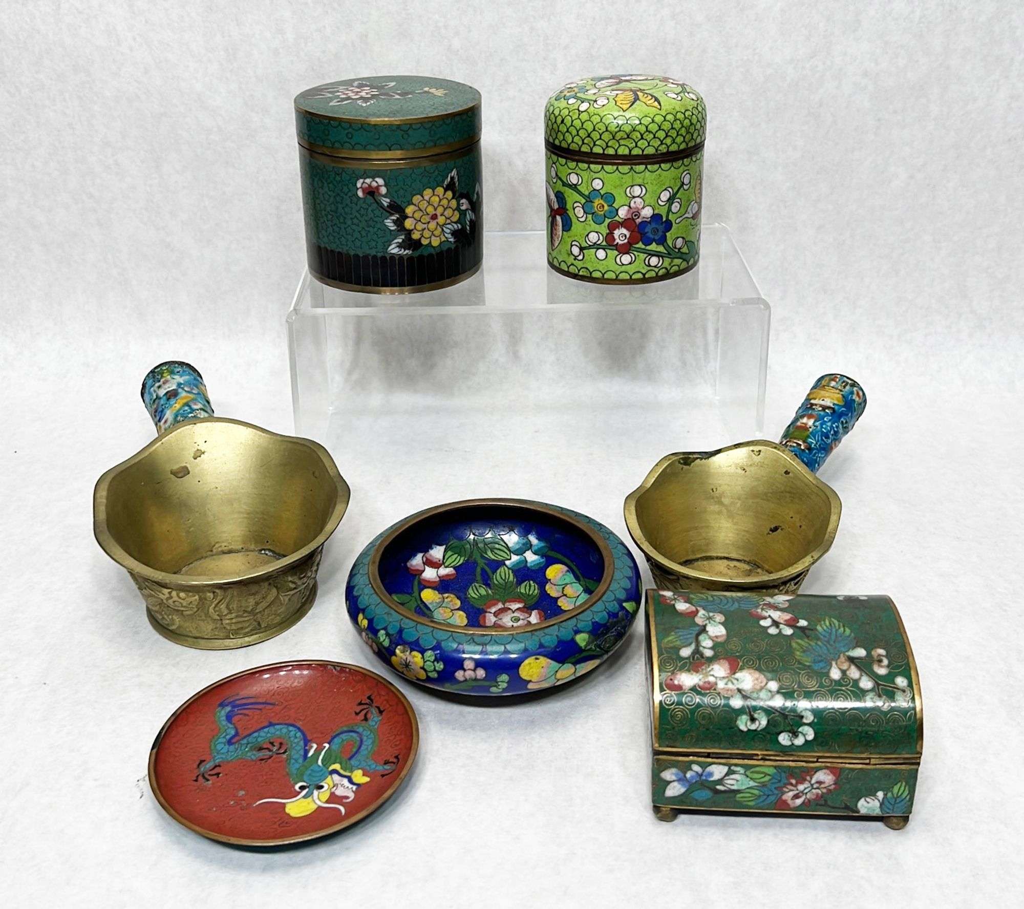 Appraisal: Chinese cloisonne enamel boxes irons etc Largest iron measures in