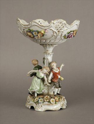 Appraisal: German Gilt and Polychrome Decorated Porcelain Figural Centerpiece with Reticulated