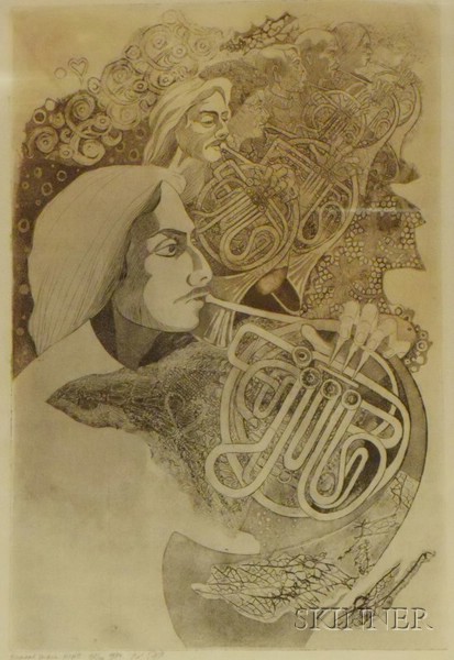 Appraisal: Three Prints Depicting Musicians two framed etchings inscribed Hannal Yokin