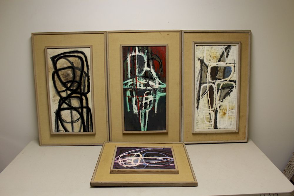 Appraisal: MIDCENTURY Lot Of Framed Abstract Enamel On Metal Paintings Signed