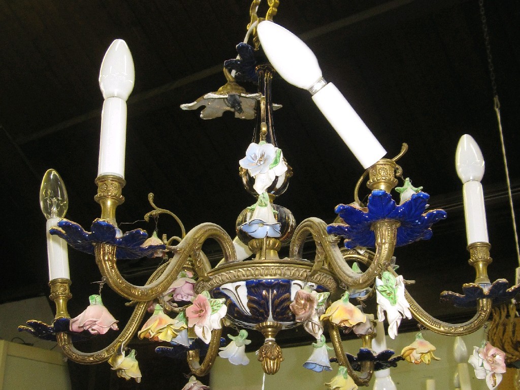 Appraisal: Porcelain and gilt metal flower decorated six branch electrolier